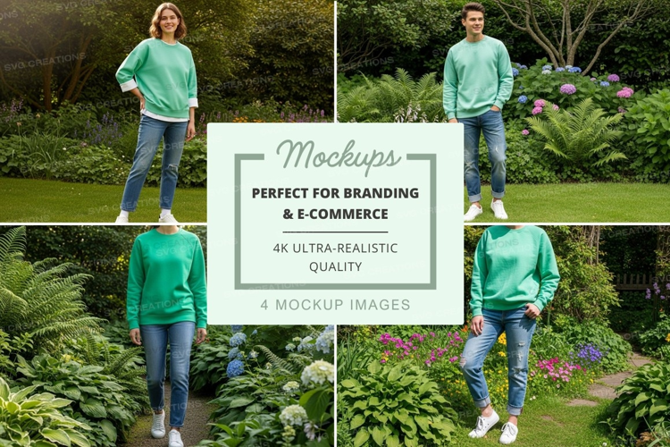 Woman mockup standing on green boxes garden outdoor