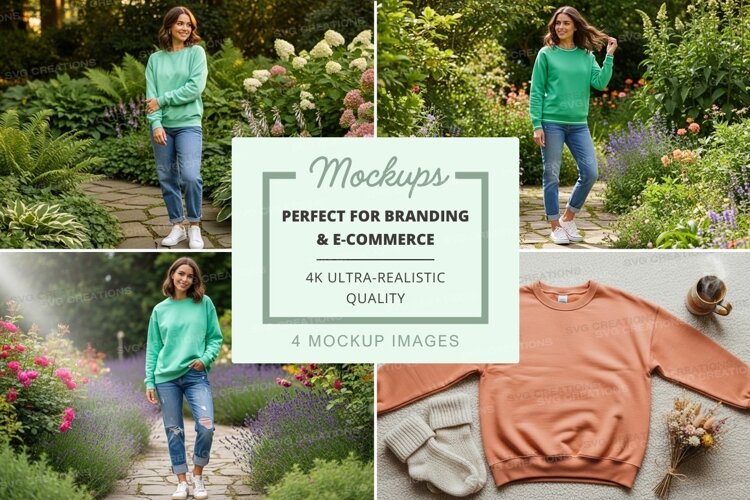 Woman wearing green sweater mockup in garden blooms example image 1