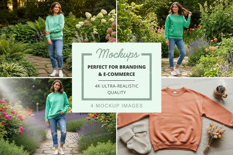 Woman wearing green sweater mockup in garden blooms
