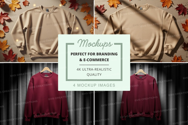 Autumn sweater mockup on hanger with leaves background