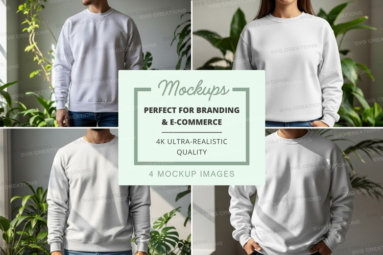 Minimalist grey sweatshirt mockup on model indoor plants