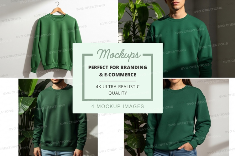 Green sweater mockup on hanger and model indoor lifestyle