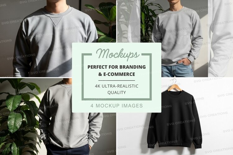 Men's sweatshirt mockup on hanger and model neutral tones example image 1