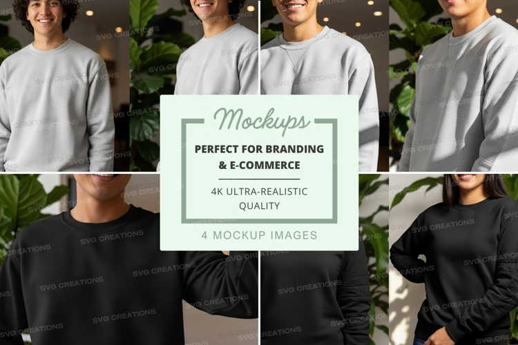 Group friends mockup casual grey hoodies indoor plants