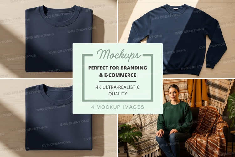 Navy blue sweatshirt mockup on couch with model