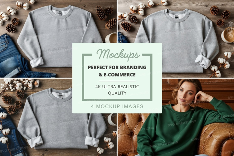 Grey sweatshirt mockup cozy holiday lifestyle flat lay