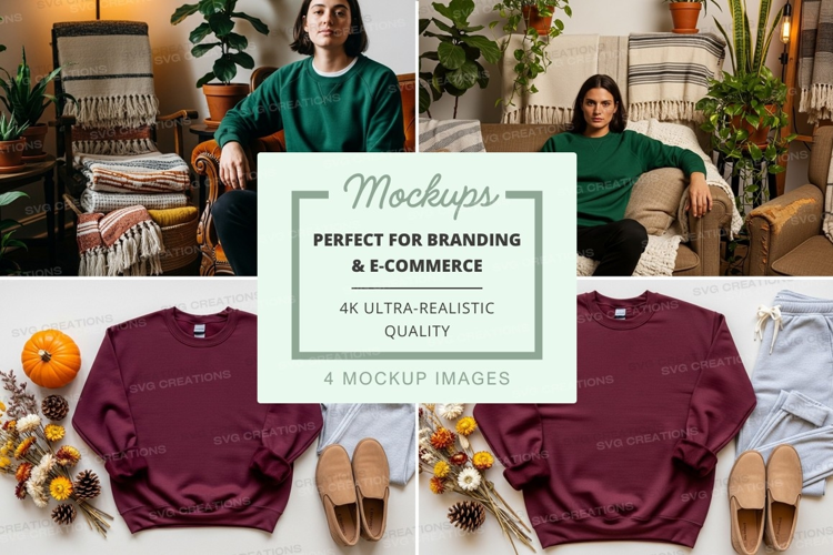 Burgundy sweatshirt mockup cozy home lifestyle flat lay