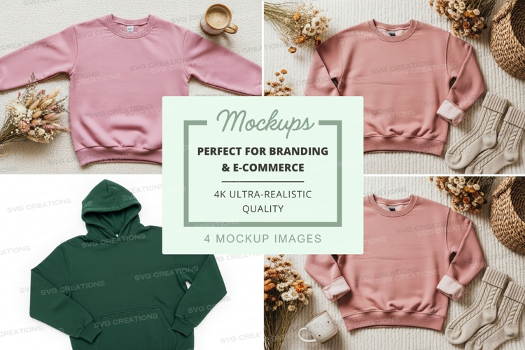 Pink sweatshirt mockup flat lay with accessories and greener