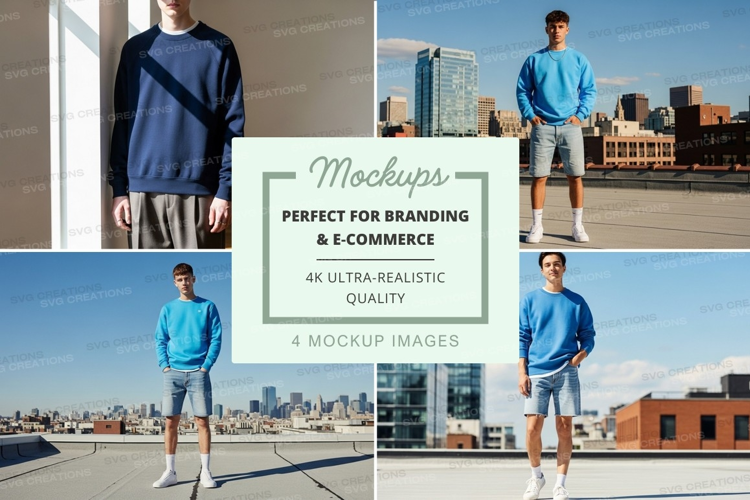 Man in blue hoodie mockup urban skyline backdrop