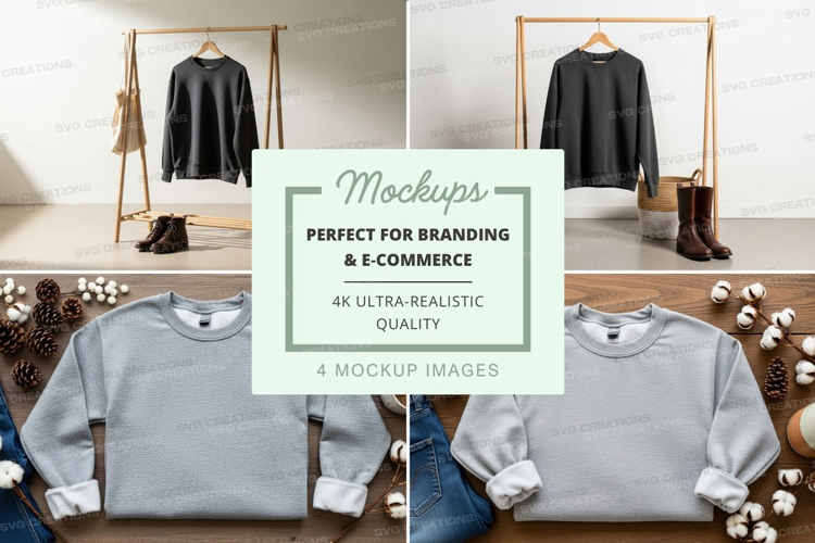 Gray sweatshirt mockup on wooden hanger with autumn decor