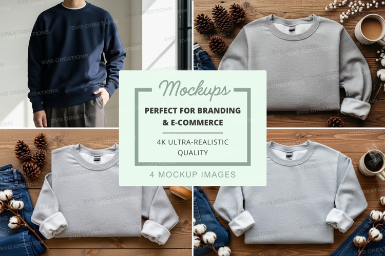 Gray sweatshirt mockup on wooden hanger with winter decor