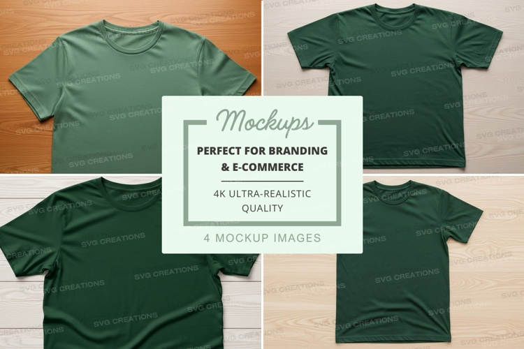 Green t-shirt mockups branding e-commerce display flat lay