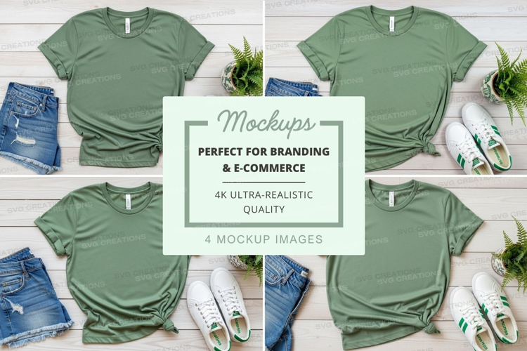 Green t-shirt mockups branding ultra realistic flat lay