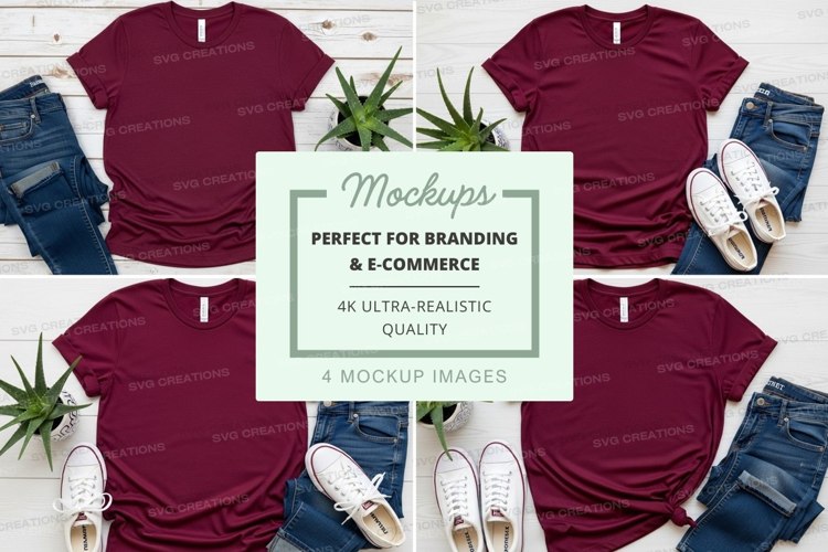 Burgundy t-shirt mockup branding ultra realistic flat lay