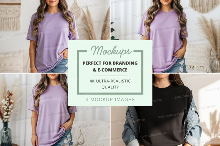 Mockup of a lavender t-shirt styled in different ways