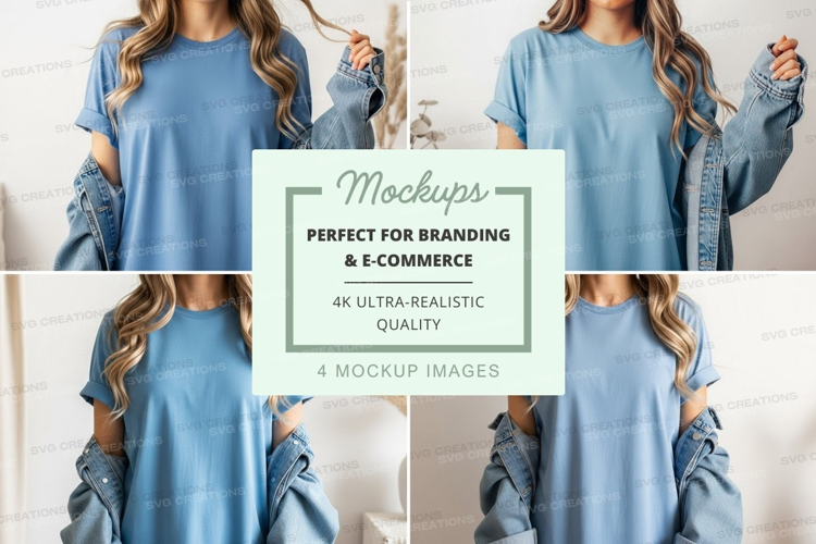 Mockup of a blue t-shirt with denim jacket
