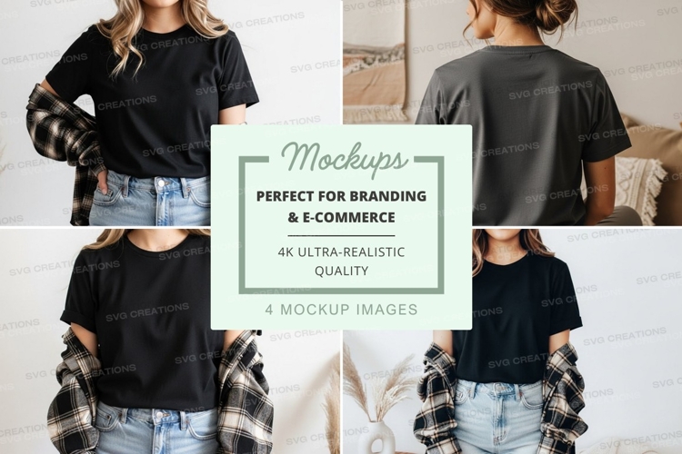 Casual black t-shirt with plaid sleeves mockup