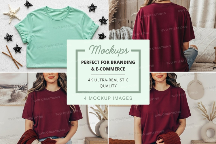 Mockup: women's casual t-shirts in mint green and burgundy