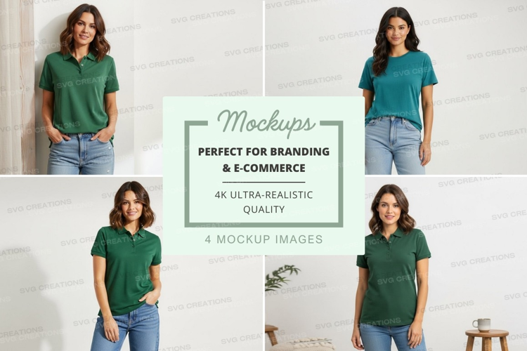 Mockup: green polo shirt in various poses