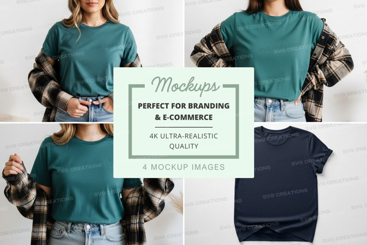 Mockup of teal t-shirt with plaid sleeves