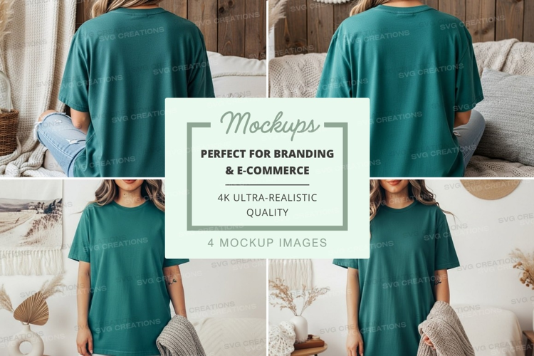 Mockup: green t-shirt in cozy indoor setting