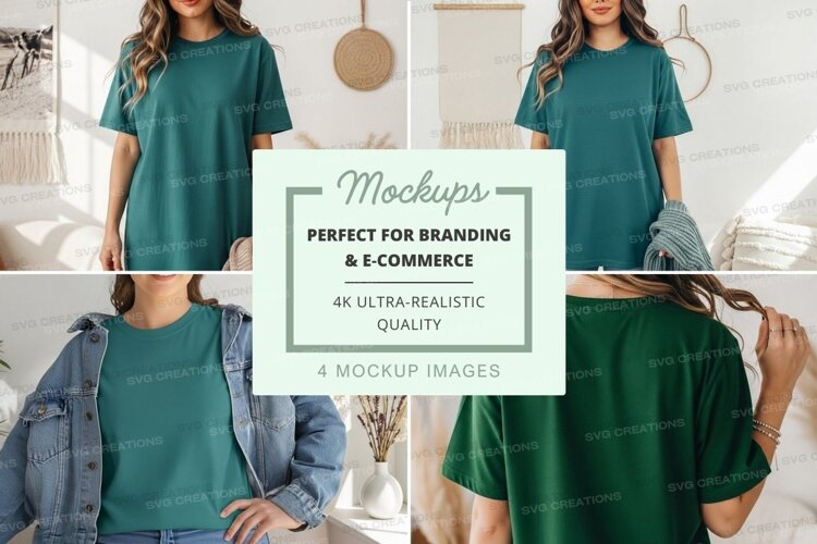 Mockup: teal t-shirt styled in multiple ways example image 1