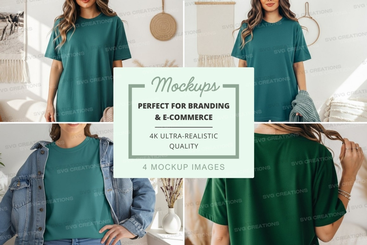 Mockup: teal t-shirt styled in multiple ways