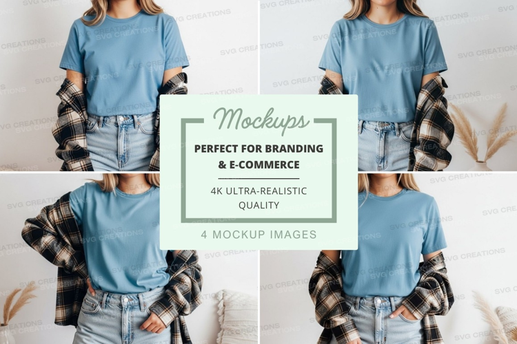 Mockup: blue t-shirt with plaid sleeves