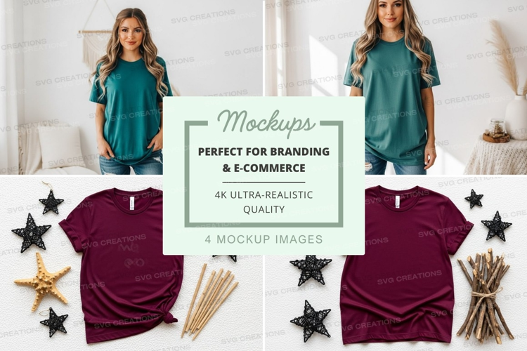 Mockup: casual t-shirts in teal and burgundy
