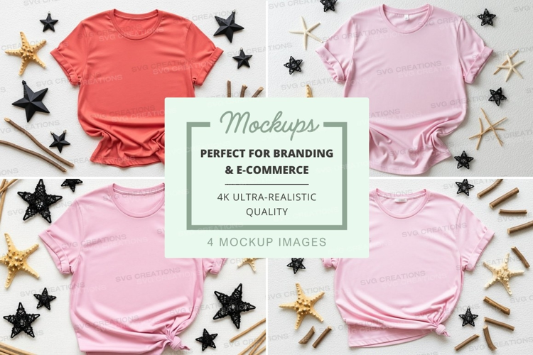 Mockup of pastel colored t-shirts with seashells