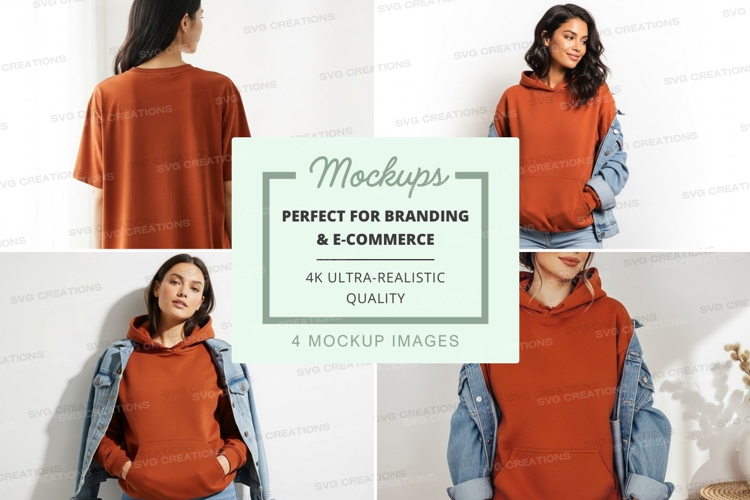 Mockup of a rust-colored hoodie styled in multiple ways