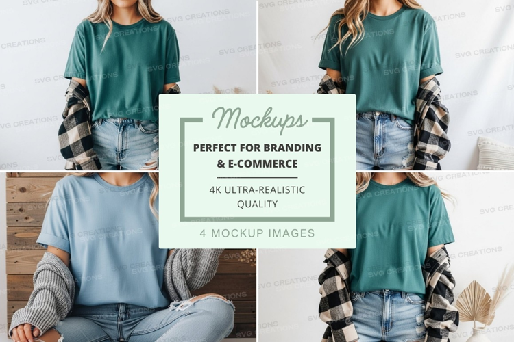 Mockup: teal t-shirt with plaid sleeves