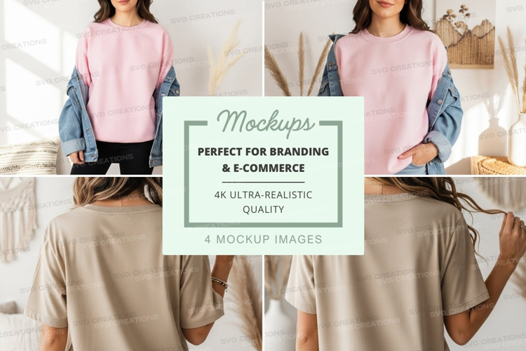 Mockup of a pink t-shirt styled with denim jacket