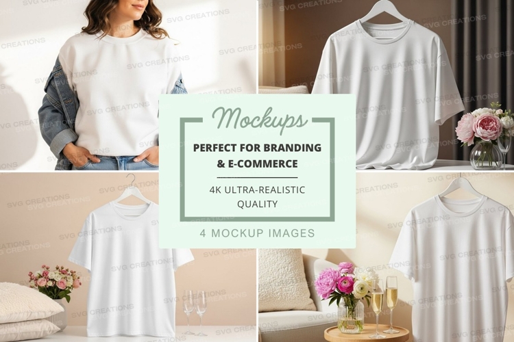Mockup of white t-shirt in various settings