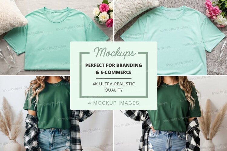 Mockup: green t-shirt with plaid shirt example image 1