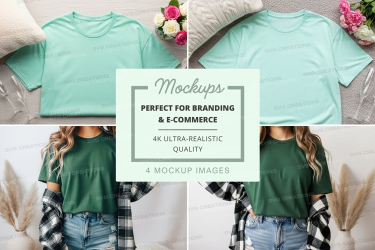 Mockup: green t-shirt with plaid shirt