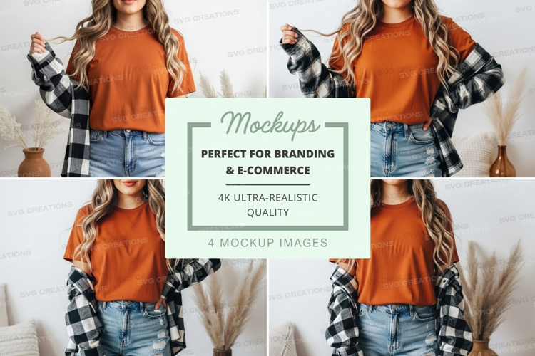 Mockup: casual fall outfit with plaid shirt and orange top