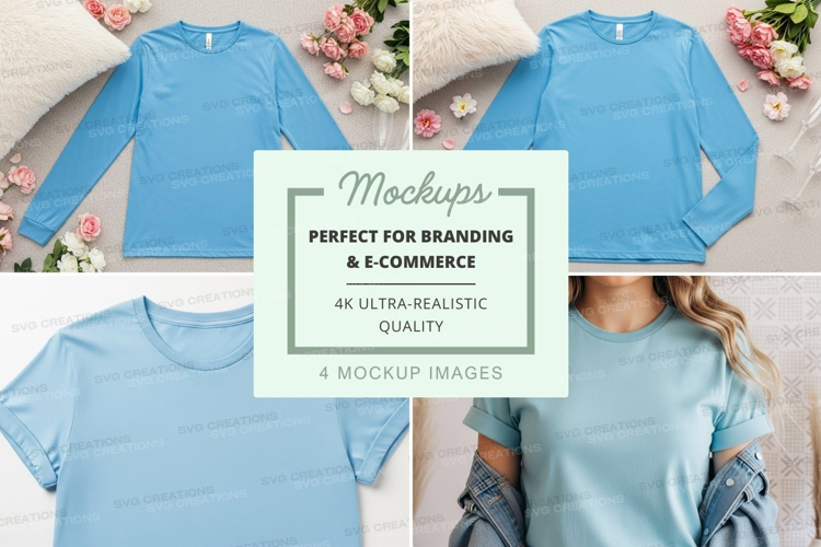 Mockup of light blue t-shirts and long sleeves