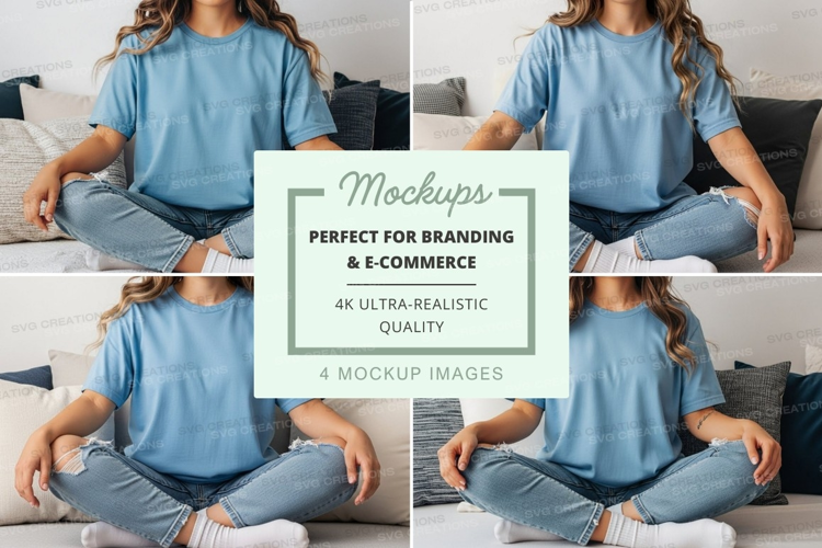 Mockup: woman meditating in blue t-shirt