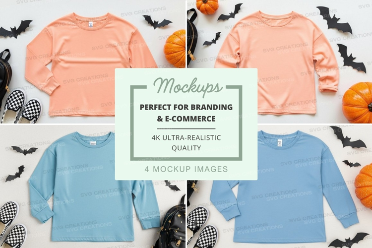 Halloween themed kids' long sleeve t-shirts mockup