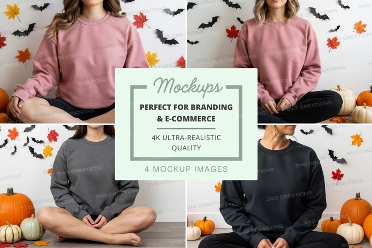 Girls meditating in halloween-themed setting mockup
