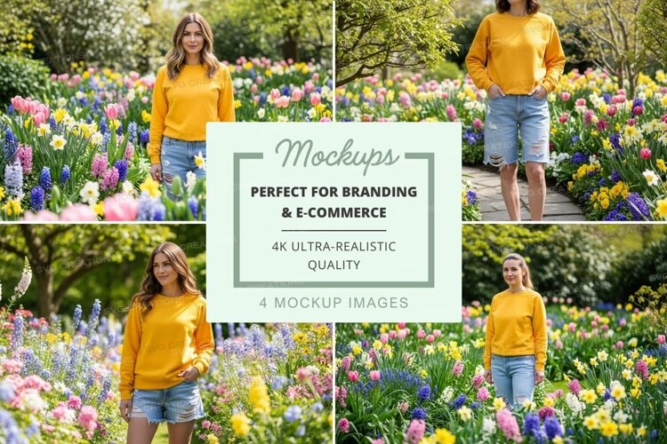 Women in yellow sweaters in a flower field mockup example image 1