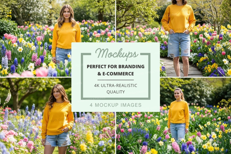 Women in yellow sweaters in a flower field mockup