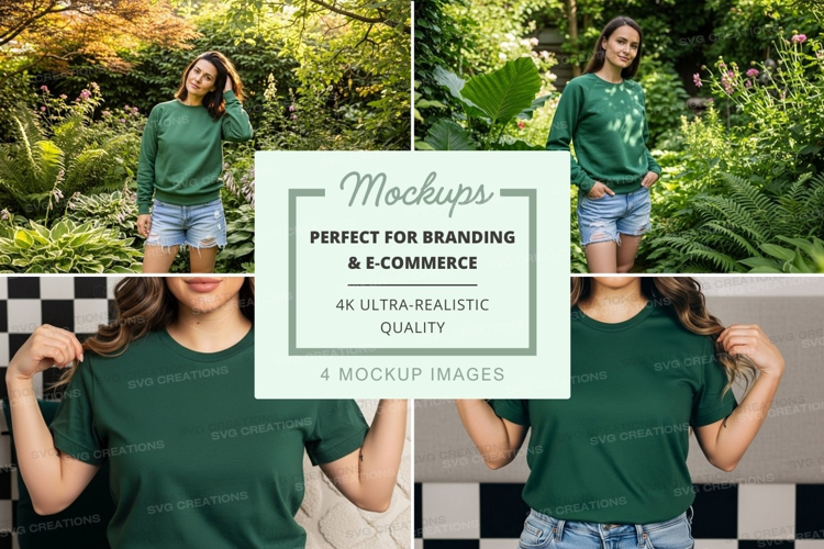 Green t-shirt and denim shorts mockup