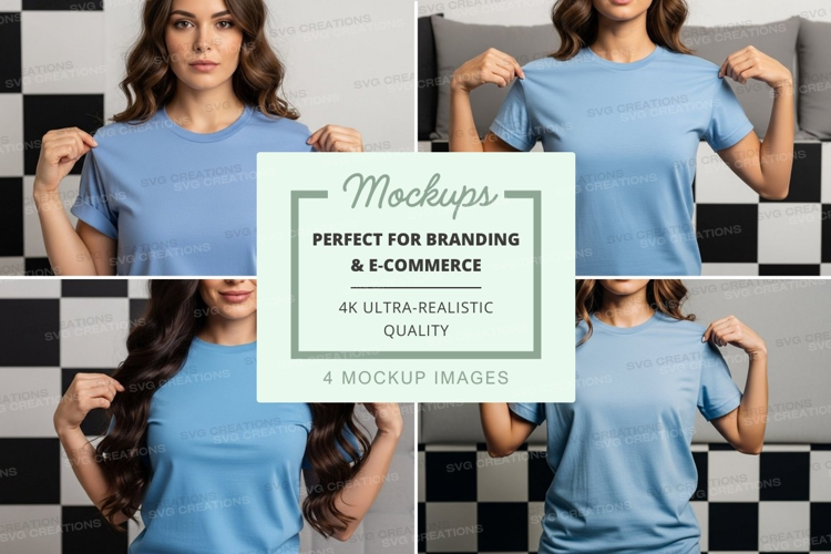 Model showcasing blue t-shirt mockup