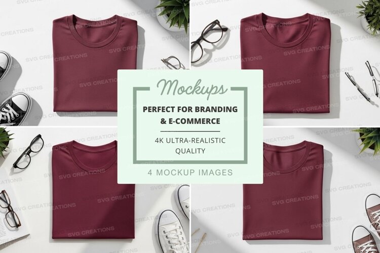 Flat lay of maroon t-shirts and accessories example image 1