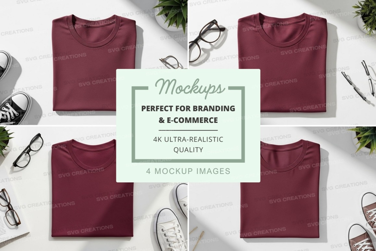 Flat lay of maroon t-shirts and accessories