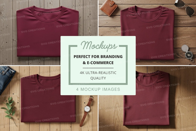 Folded maroon t-shirts on wooden floor