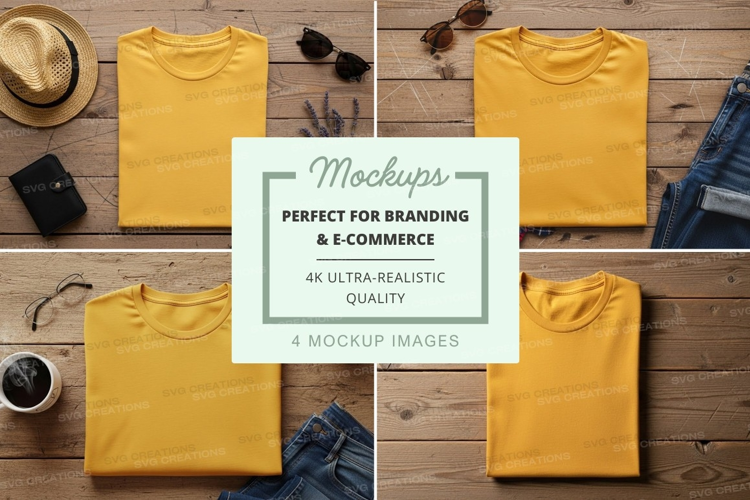 Yellow t-shirts on wooden surface