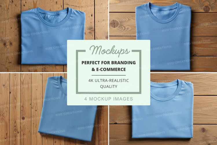 Folded blue t-shirts on wooden surface